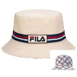 New FILA Reversible cotton Bucket Hat Cap unisex Khaki tan All Over vintage logo